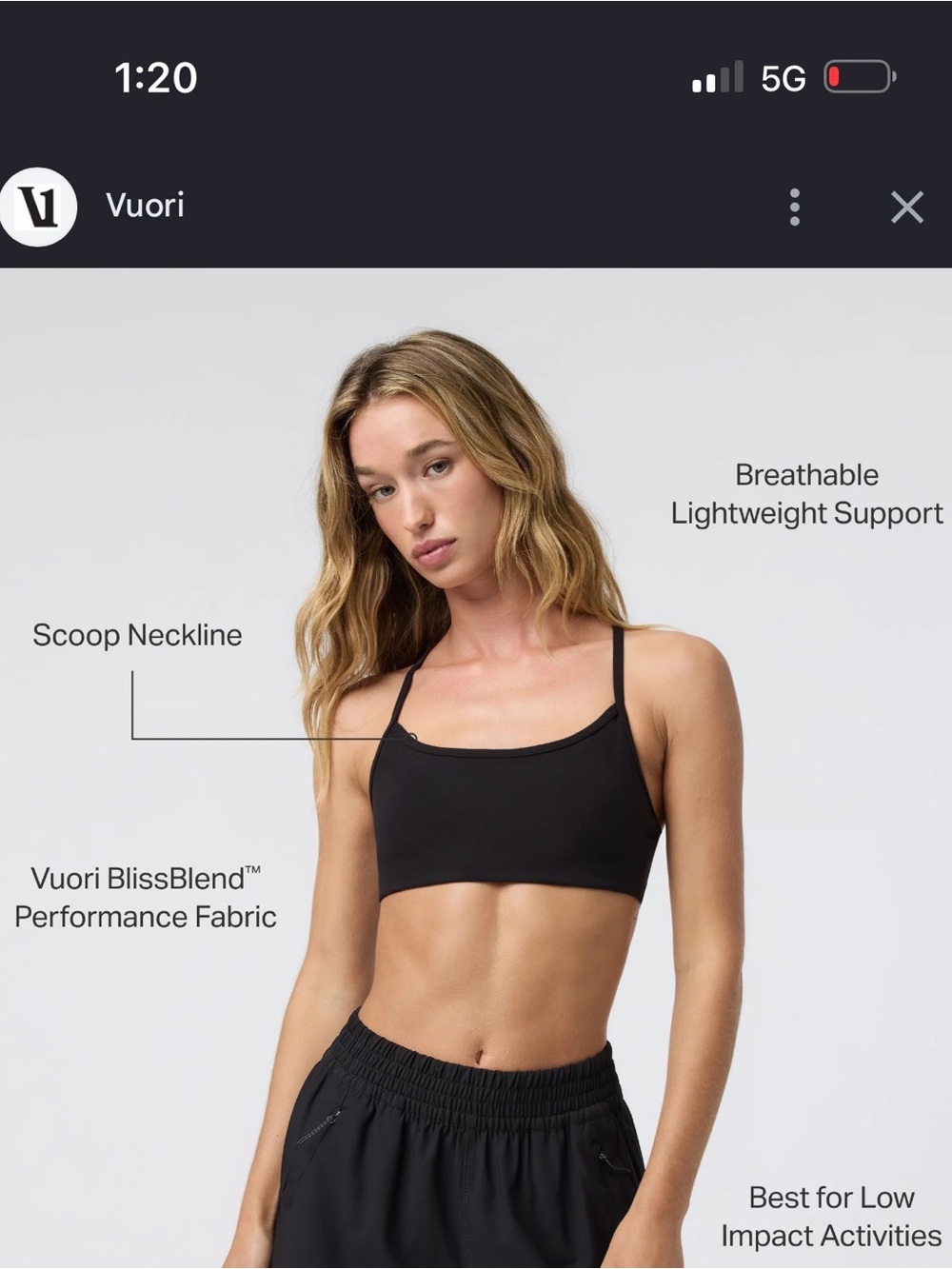 Vuori Black Scoop Neck Light Support Bralette